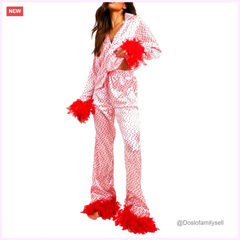 Silky Satin Pajama Set Long Sleeve Faux Fur Trim Elegant Sleepwear